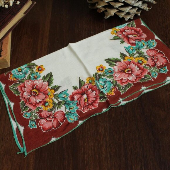 Vintage Handkerchief, Brown and Teal Wildflower Floral Print Cotton Hankie - Picture 5 of 10